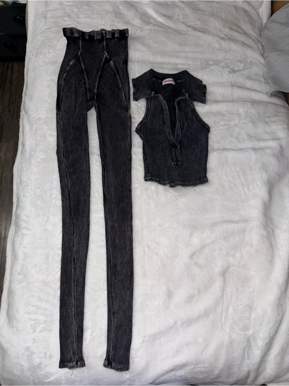 Washed Black Ribbed High-Waist Leggings - Unbranded